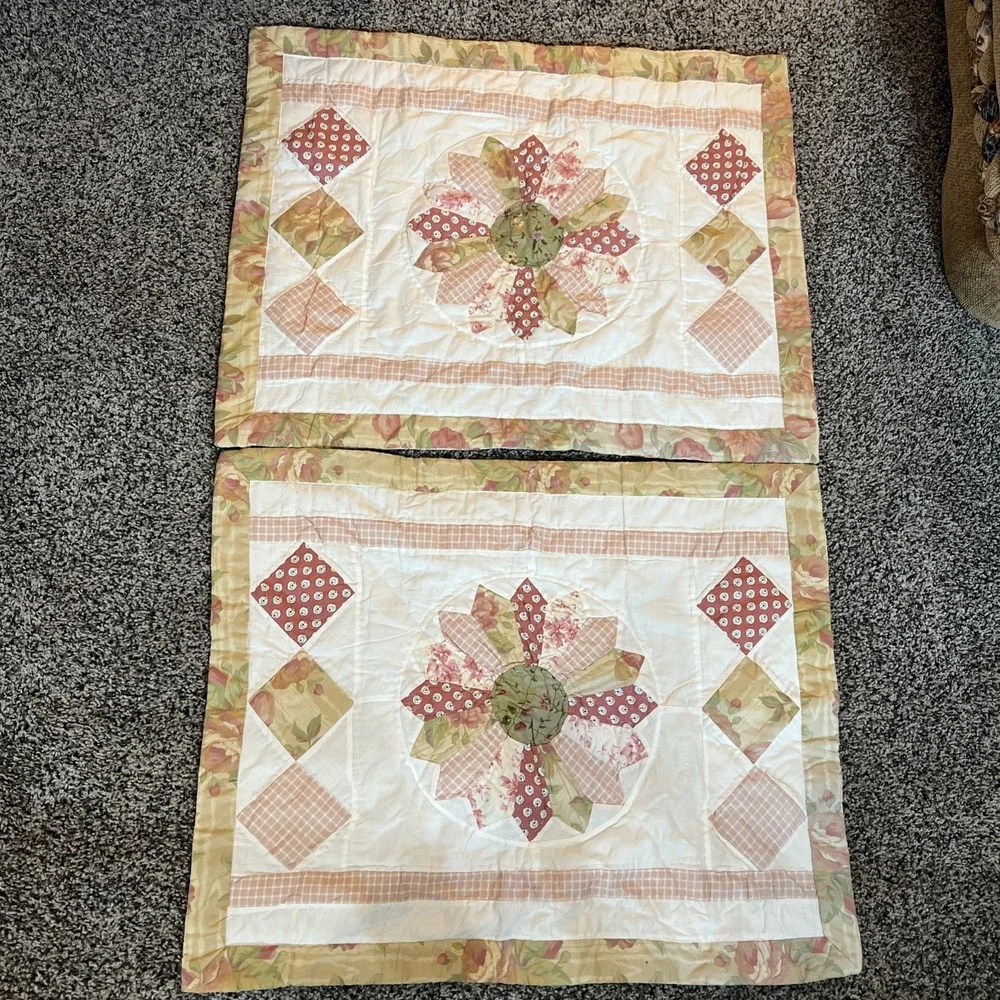2 Vintage quilted twin size pillow shams‎ pink Green, White Floral & Plaid